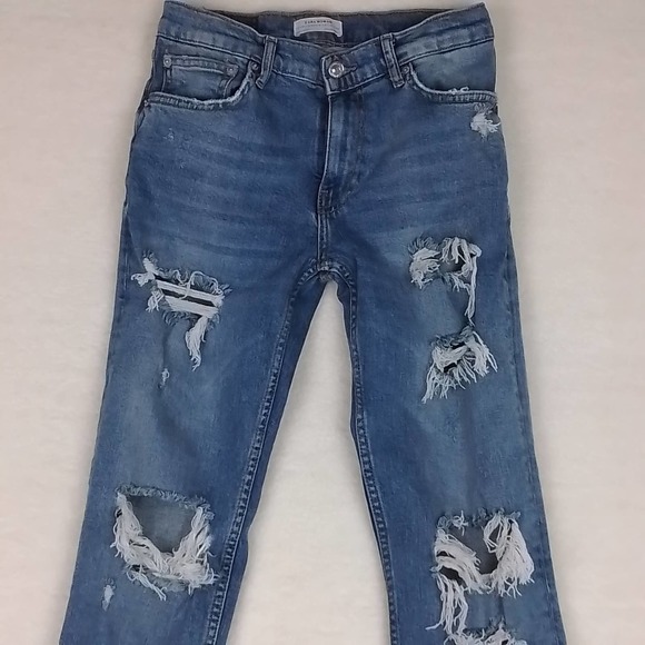 Zara Mid Rise Skinny Jeans Size 2 in Light Wash Denim w/ Distressing - Picture 3 of 13